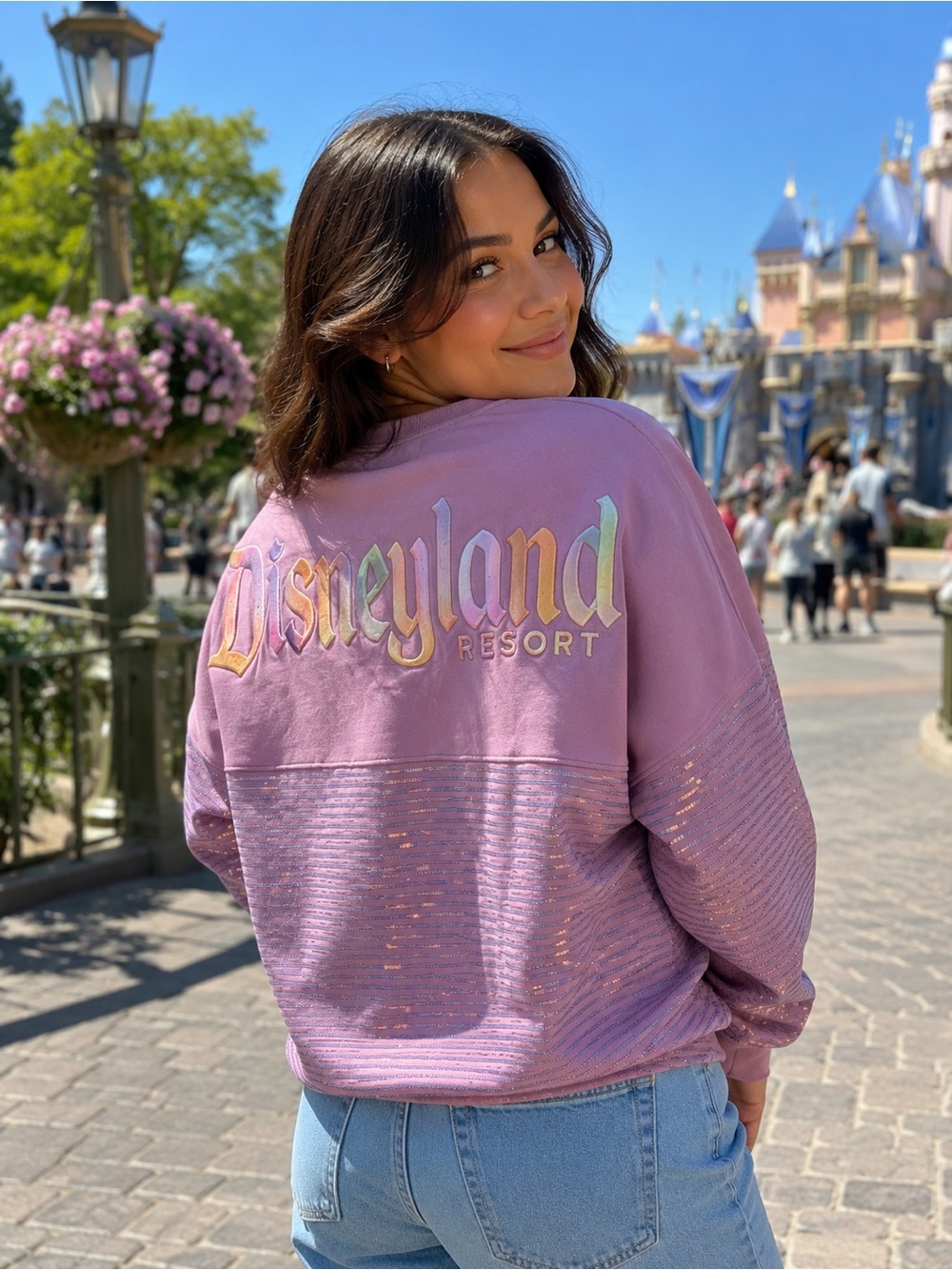 Disney Spirit Jersey Pink Sweatshirt Iridescent Sequins Logo Pullover Size L